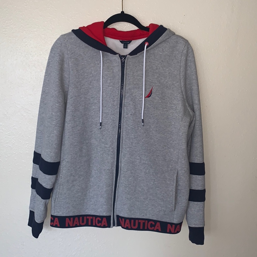 Nautica Gray Zip Hoodie with Navy and Red Accents